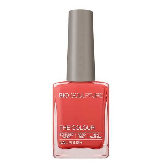 Spring Splash Nail Polish – Bio Sculpture Produktflasche; Farbton ein leuchtender, saftiger Korallton mit warmen Orangenuancen