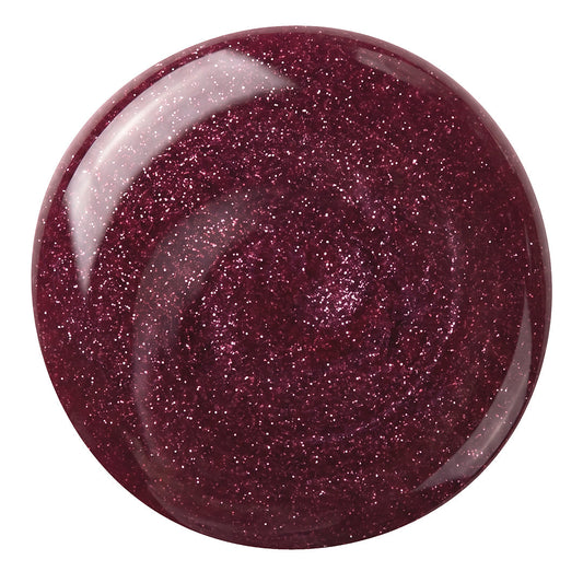 Berry Night Sky Nail Polish – Farbmuster; Farbton ein sattes, weinartig dunkles Beerenrot mit seidigem Sternenschimmer