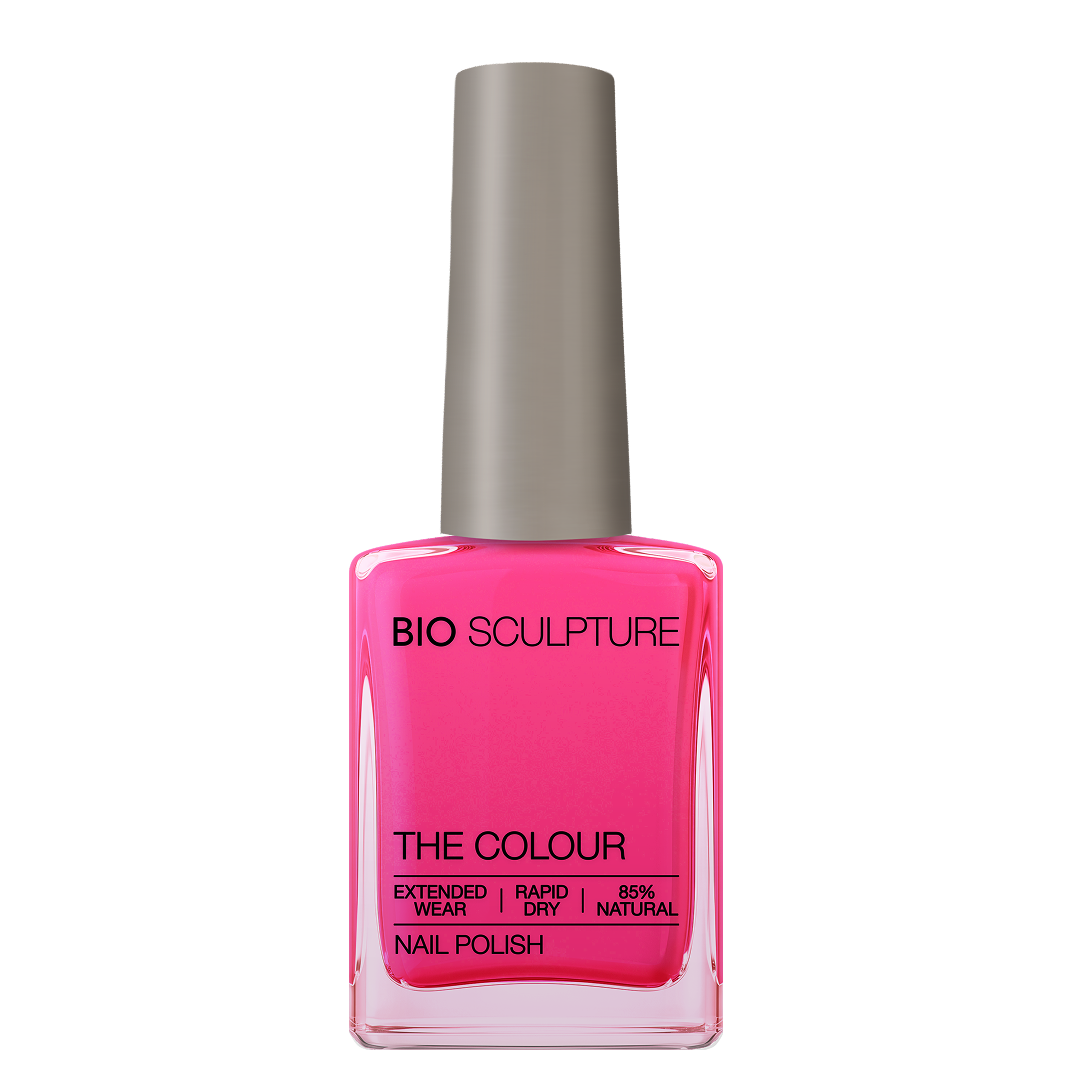 Jinkie Pink Nail Polish – Bio Sculpture Produktflasche; Farbton ein lebhaftes Neonpink mit leuchtend-elektrischer Wirkung