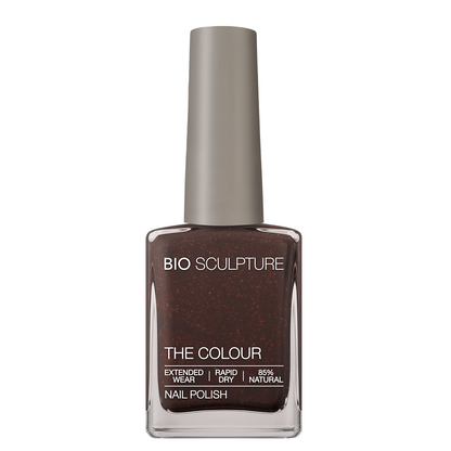 Rosewood Stardust Nail Polish – Bio Sculpture Produktflasche; Farbton ein sattes Schokoladenbraun mit dezentem Kupferschimmer